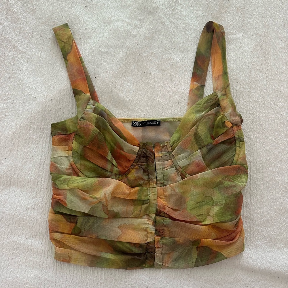 Zara Women's Floral Tank Top - Green and Orange